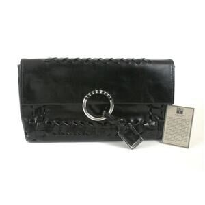 Frye Women’s Black Leather Whipstitch Tassel Clutch Bag Caroline Zip Closure